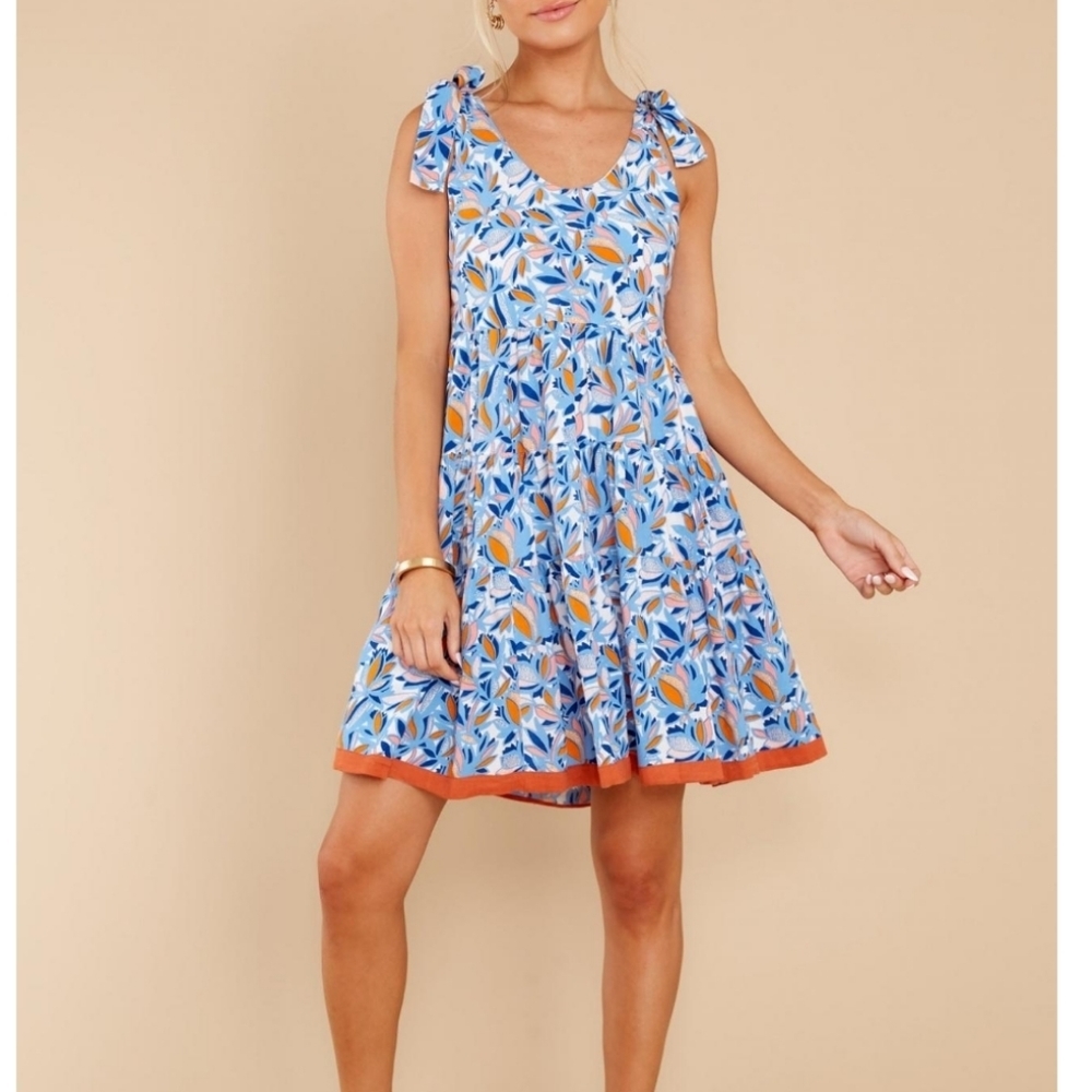 THML Women’s Mariana Blue Floral Dress Tie Bow Straps Size Medium